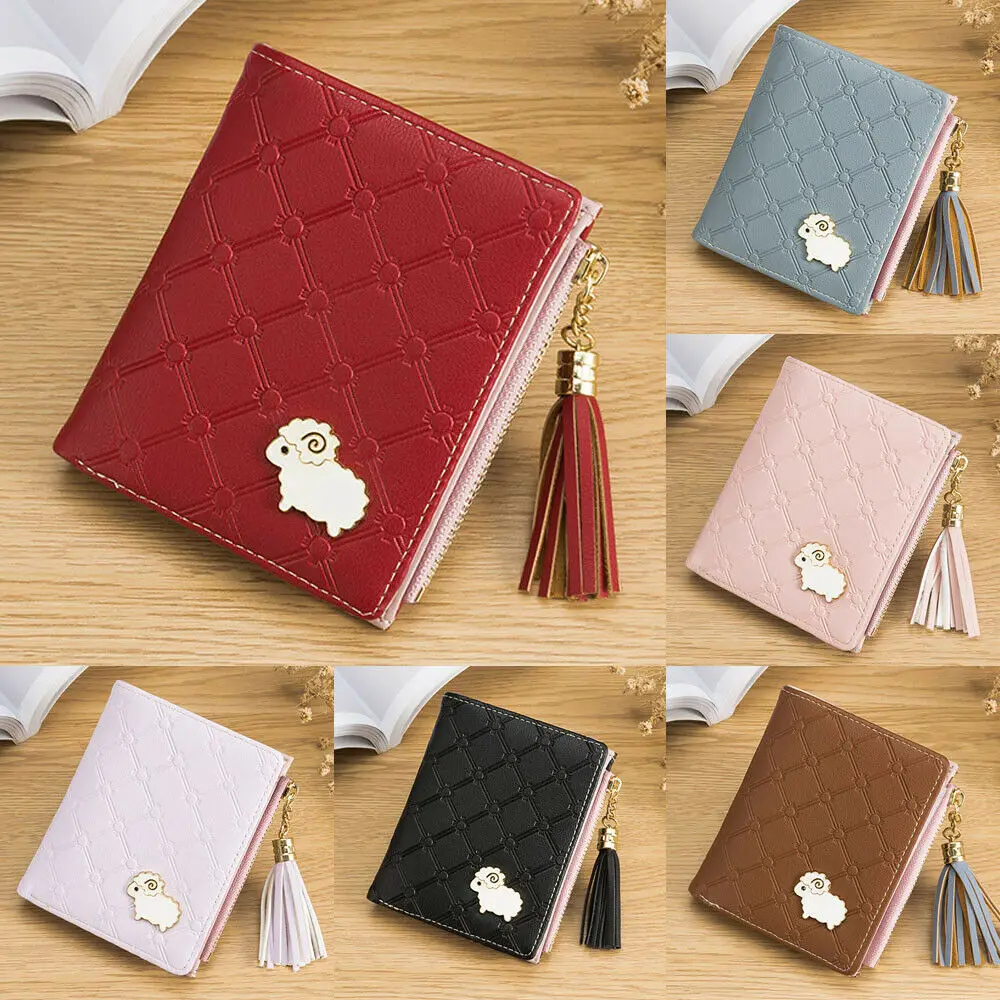 New Women Lamb Cartoon PU Leather Short Wallet Small Card Bag with Tassel