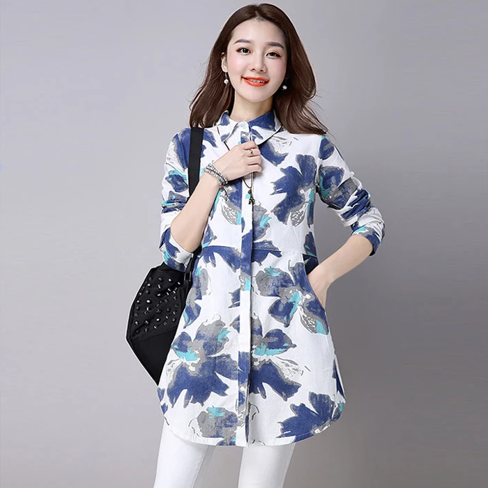 3009 Chinese Linen Shirt Women White Long Sleeve Retro Floral Print Shirt Women Cotton Long Linen Blouse Female Vintage Tunics