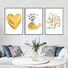 

Modern Nordic Simple Cute Golden Cartoon Dolphin Love Canvas Art Abstract Painting Print Poster Picture Wall Baby Room