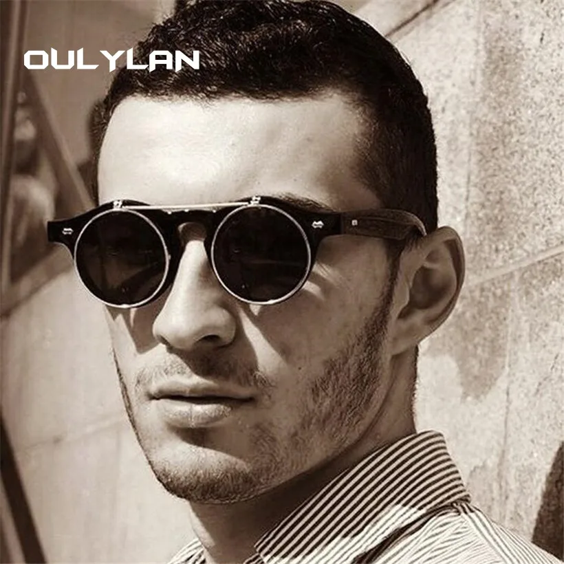 

Oulylan Vintage Round Steampunk Flip Up Sunglasses Men Retro Brand Designer Double Layer Clamshell Sun Glasses