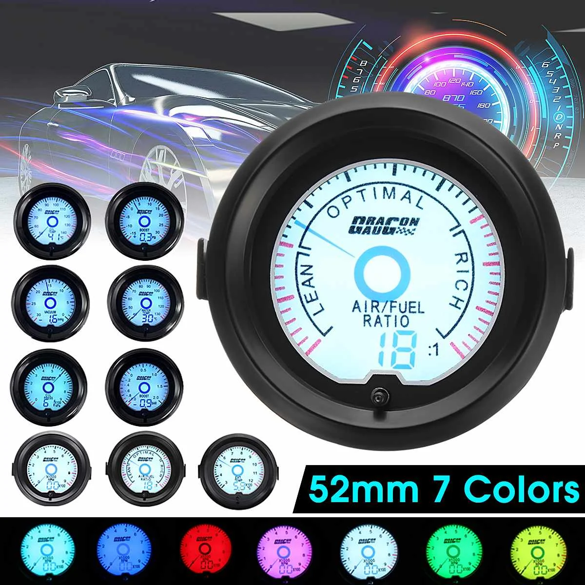 

Universal 2" 52mm Car Tachometer Gauge 9K RPM Tacho Gauges 12V 7 Colors Digital LED Display