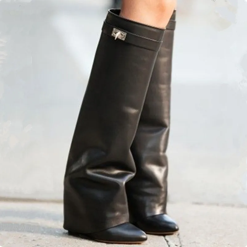 

Scelebrated Pant-leg Boots For Womens Shark Lock Wedge Boots High Heels Knee Boots Genuine Leather Wedges Woman Point Toe