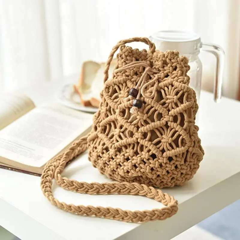 

Sweet Woven Square Shoulder Drawstring Bucket Handbags Women Bohemia Purely Hand-made Casual Drawstring Crossbody Beach Bags