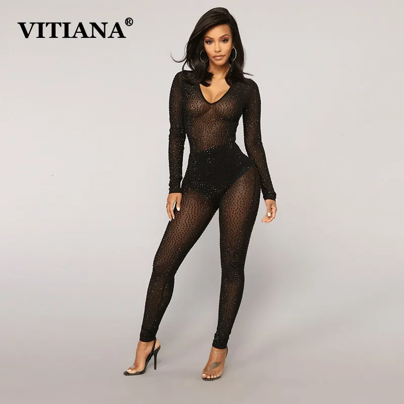 

VITIANA Women Sexy Jumpsuit 2019 Summer Spring Diamond Shine Mesh Perspective Long Sleeve Womens Jumpsuits Female Party Clubwear