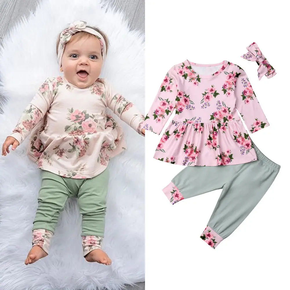 

3 pieces Long Sleeve Floral Top,Solid Pant with Headband Set For Girls Autumn Clothing