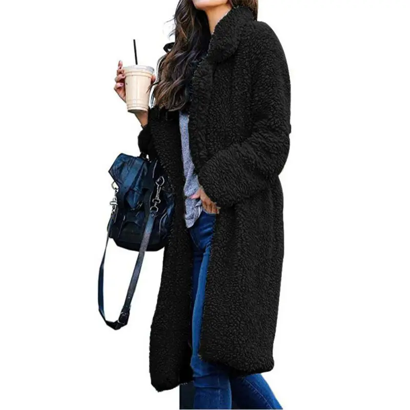 Теплая Длинная женская верхняя одежда из искусственной овечьей шерсти с длинным рукавом и отложным воротником, свободное плотное женское шерстяные пальто, зимняя женская одежда