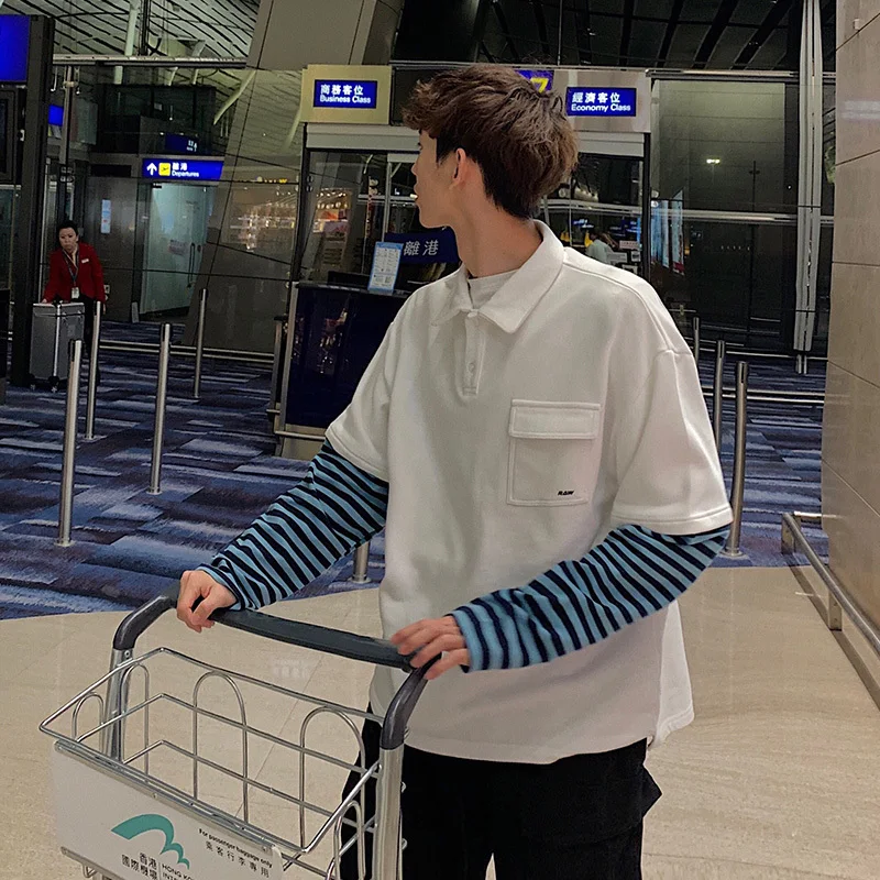 

2019 Korean Style Men's BF Wind False Two Piece Coats Stripe Printing Pullover Hoodies Cotton Clothes Casual Sweatshirts hoodie