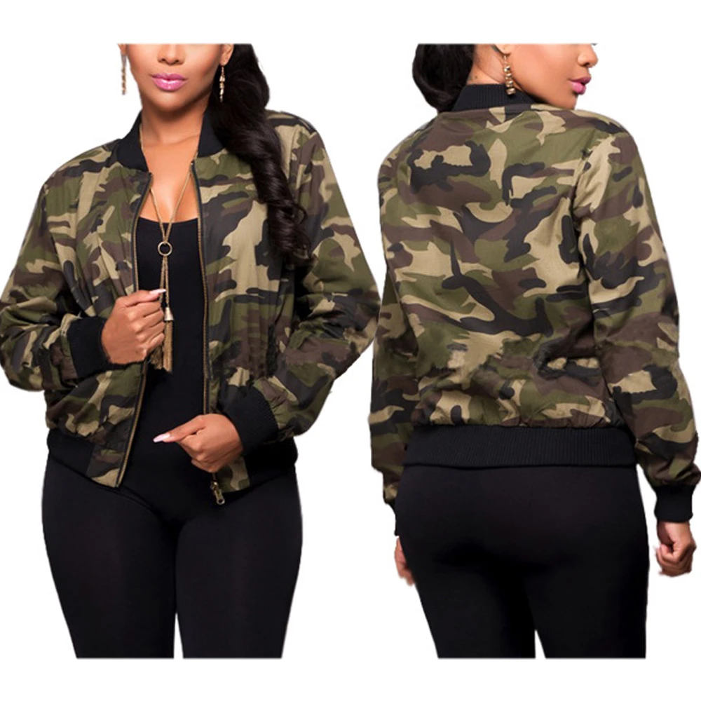 Greatest  Jacket Women Long Sleeve Camouflage Bomber Autumn Casual Coat Military Zipper Slim Cropped Coat wit