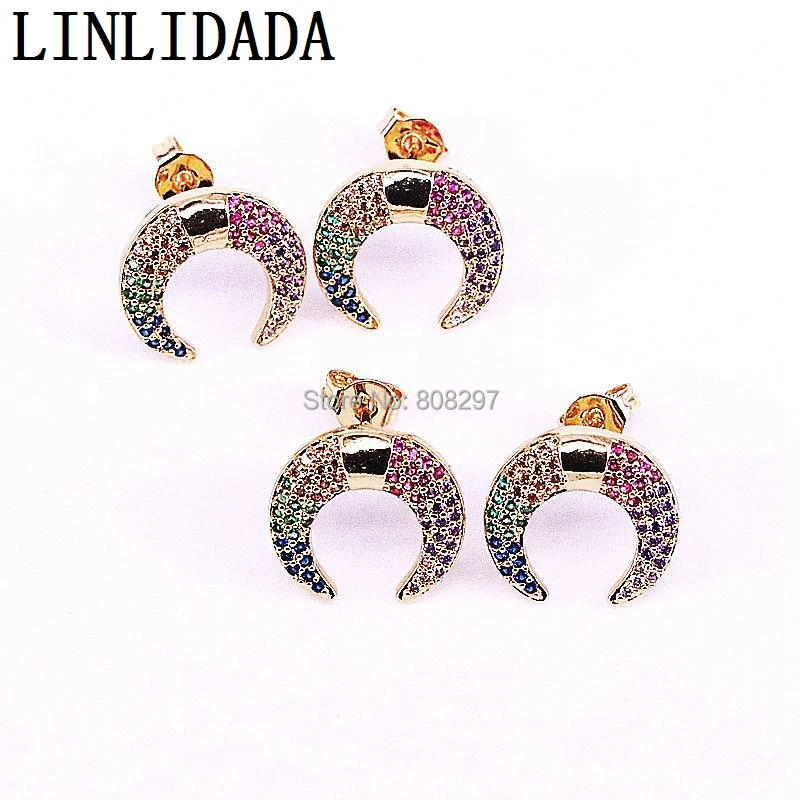 

8Pair New Style Fashion CZ Zirconia Micro Pave Double Horn / Crescent Moon Shape Charms Studs Earring For Women