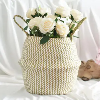 

Seagrass Woven Storage Basket Plant Hanging Baskets Garden Flower Vase Potted Foldable Pot With Handle Storage Bellied Basket 40