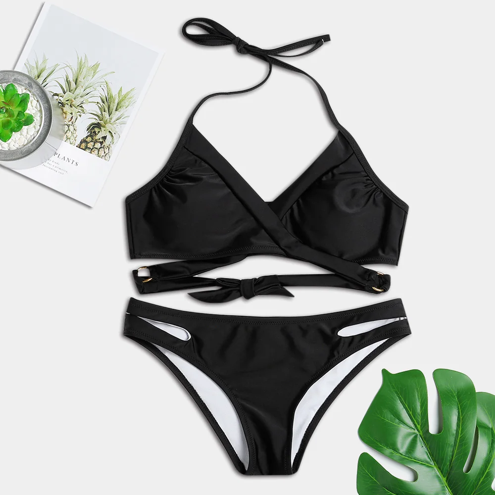 Sexy Women Close fitting Elastic Solid Color Swimsuit Two pieces