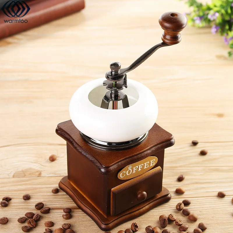 

Hot Sale Retro Design Coffee Bean Grinder Manual Coffee Mill Wood Stand Ceramic Bowl Milling Machine As a Gift Home