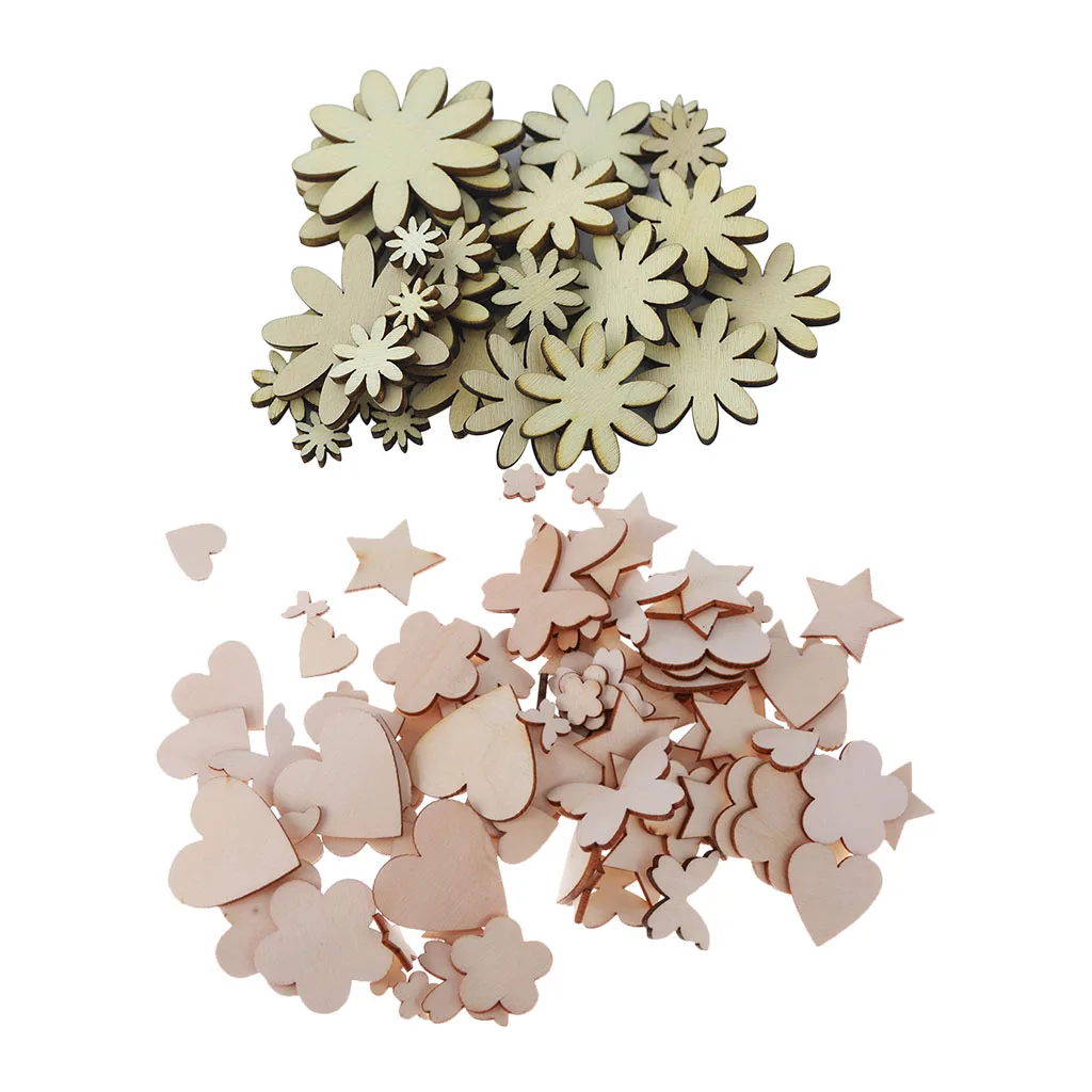 150Pcs Mixed Unfinished Natural Wood Embellishment Wooden Cutouts