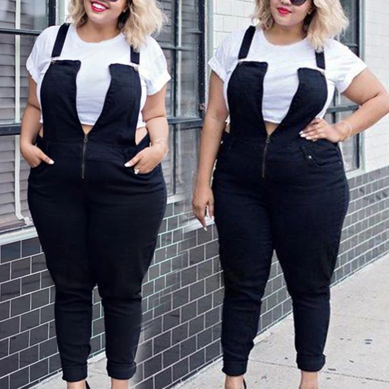 

New Ladies Pants Solid Loose Casual New Fashionable Plus Size Strap Black Bib Pants