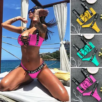 

Sexy Women Summer Swimwear Bikini Set Push-up Padded Bra Bathing Suit Ladies Bandage Lace Up Letter Print Swimsuit