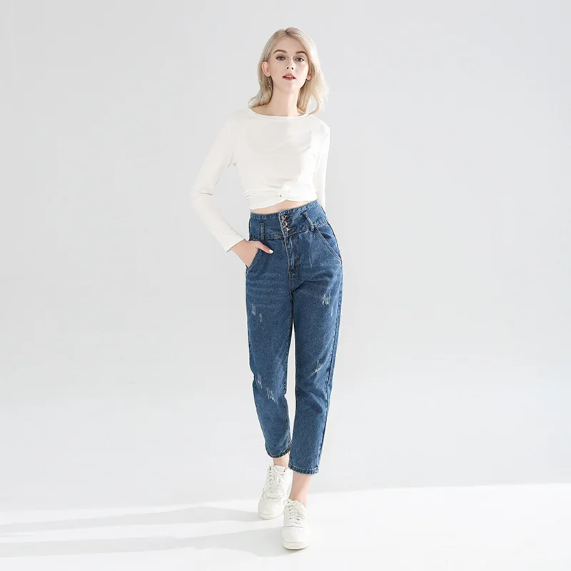 

Spring 2019 Button High Waist Fringed Jeans Women's Cotton Ankle-Length Pants Pencil Jeans Plus Size