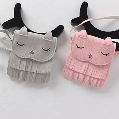 

New Lovely Cute Kids Girls PU Leather Tassel Small Cat Shoulder Messenger Storage Bag Purses