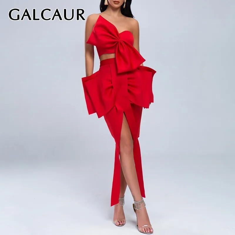 

GALCAUR Sexy Two Piece Set Women Sleeveless Bowkont Crop Top High Waist Slim Irregular Skirt Female Suit Fashion 2019 Summer