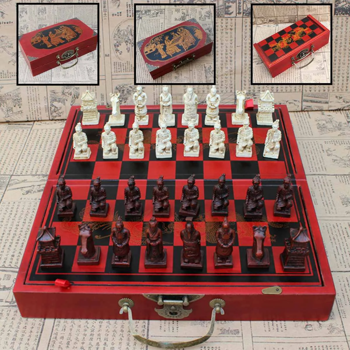 

New Wood Chess Chinese Retro Terracotta Solider Chess Wood Do Old Carving Resin Chessman Premium Gift Wooden Chessboard