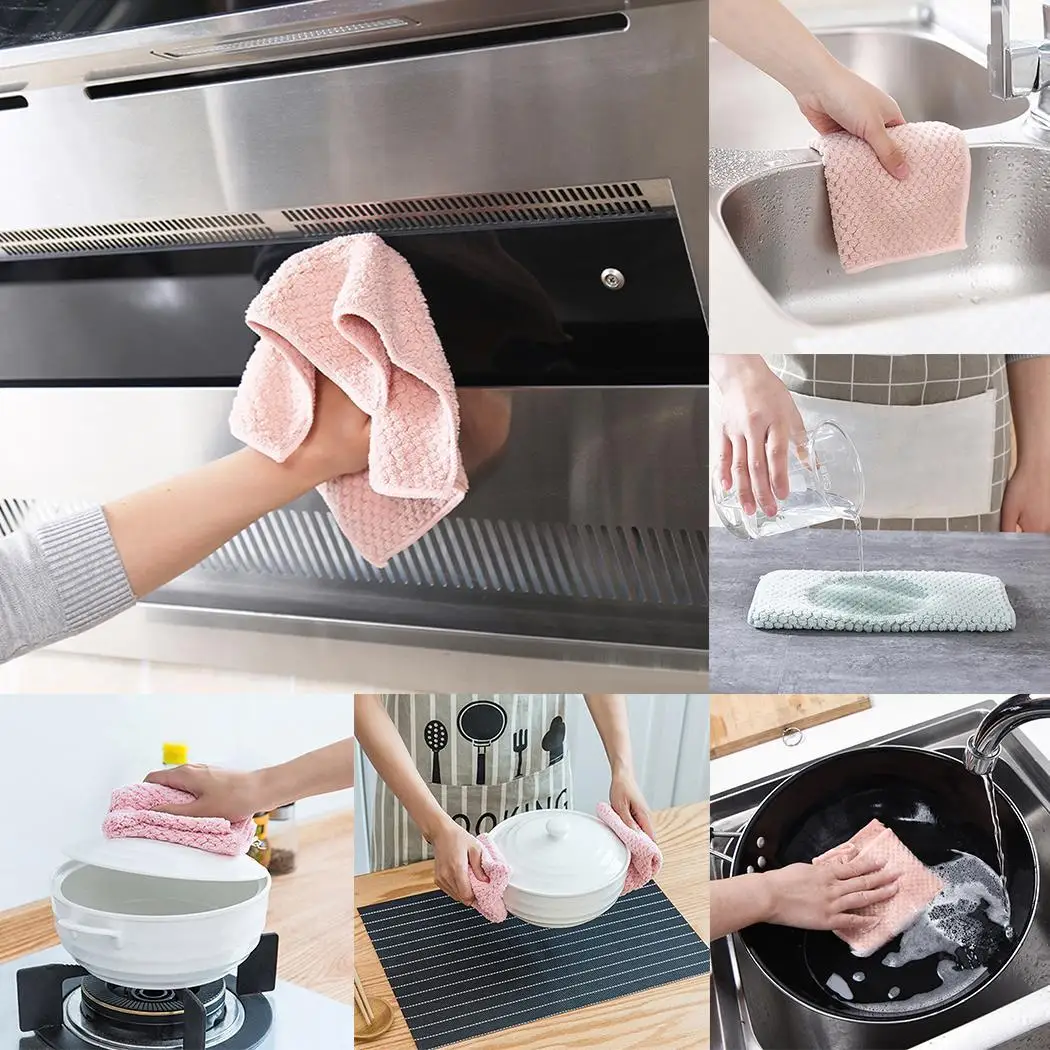

Household Kitchen Coral Fleece Dish Pot Non-stick Oil Cleaning Cloth Absorbent Dishcloth Double Wash Towel Water Hand Cleaning C