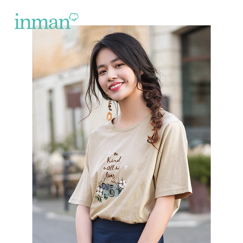 

INMAN 2019 Summer New Arrival O-neck Literary Embroidary Retro Casual All Matched Loose Short Sleeve Women T-shirt