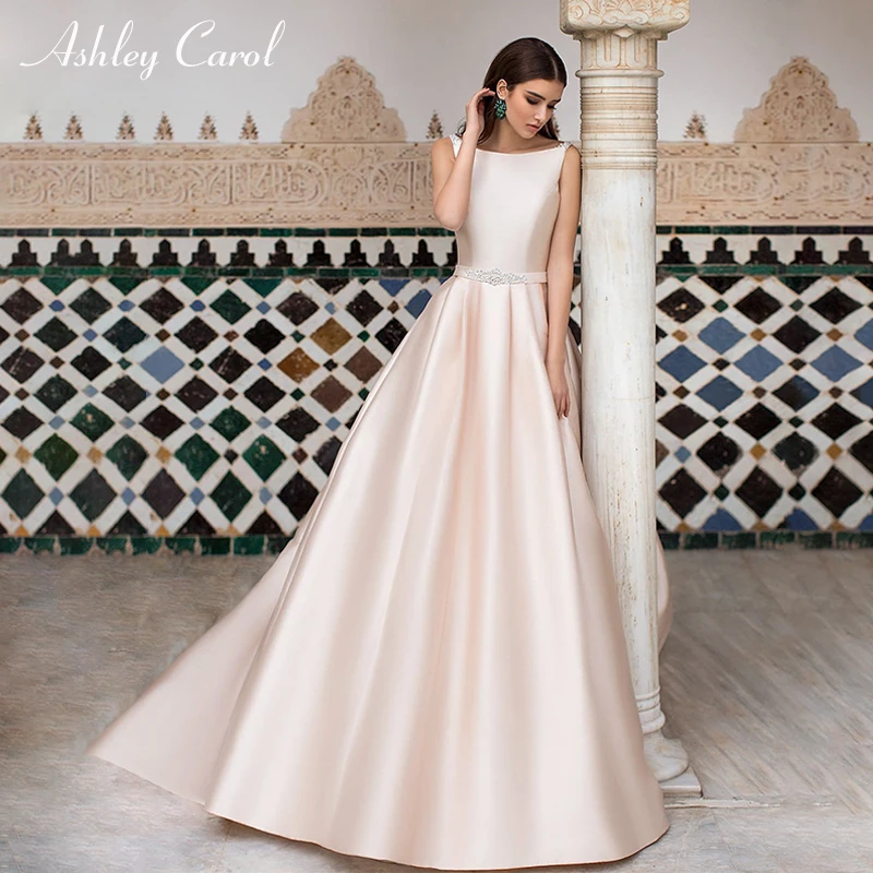 

Ashley Carol Satin Wedding Dress 2019 French Elegant Boat Neck Court Train Beaded Backless Simple Wedding Gowns Vestido De Noiva
