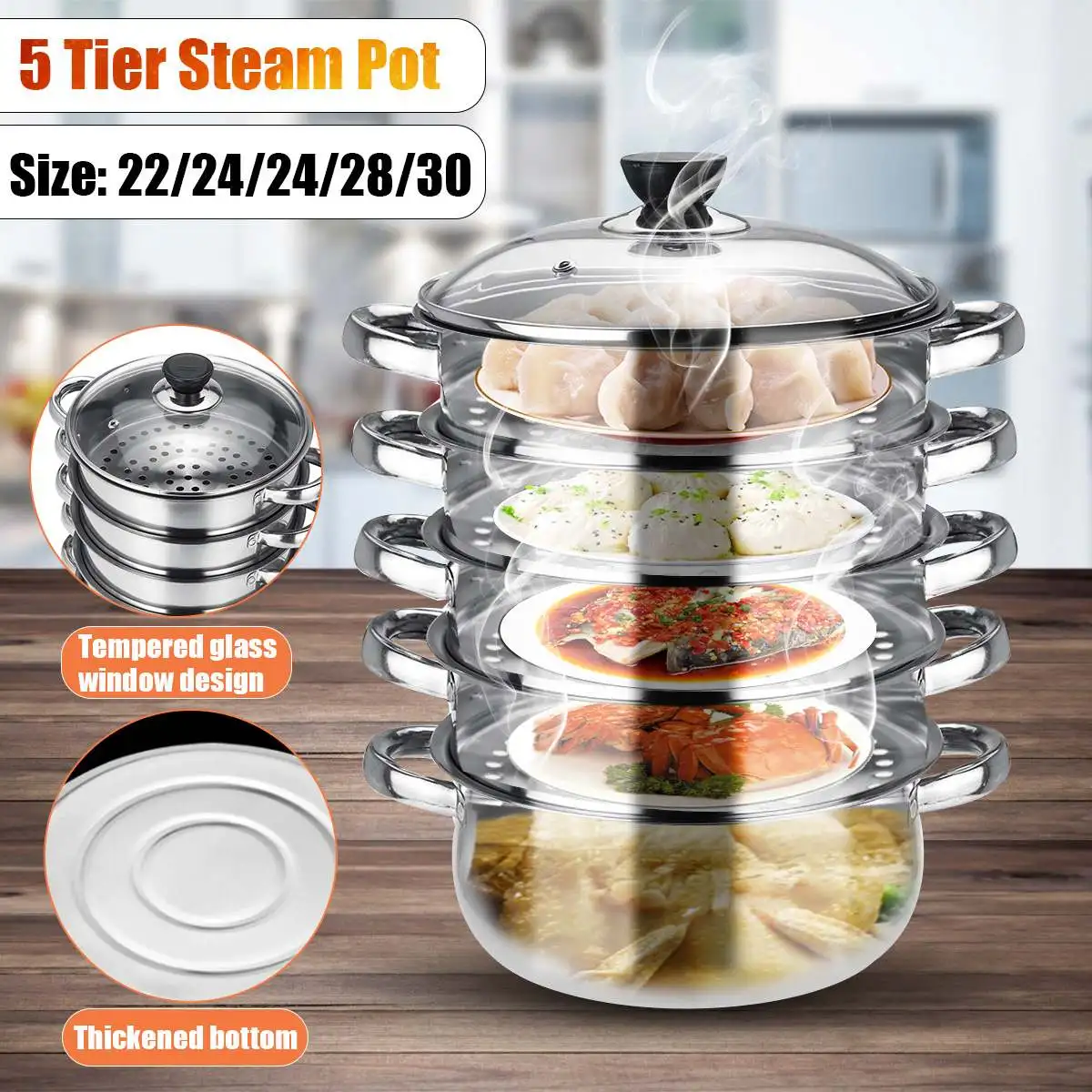 

5 Tier Steaming Cooker Steam Pots 22-30cm Stainless Steel Cookware 5 Sizes Bamboo Steamer+ Bottom pot+Cover for Kitchen Bread