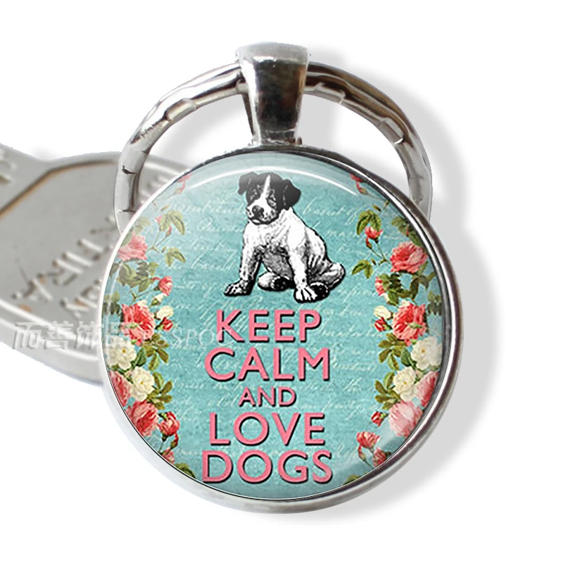 

Fashion Jewelry Accessories Keep Calm Love Dogs Keychain Key Chain Rings Glass Inspirational Quote Pendant Gift for Men Women