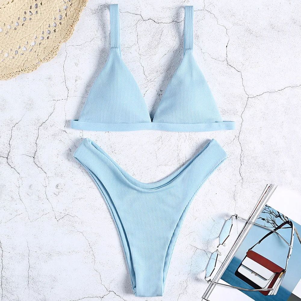 

High Waist Padded Bikini Light Blue Women Swimsuit Adjustable Straps Removable Padding Support Bikini Set