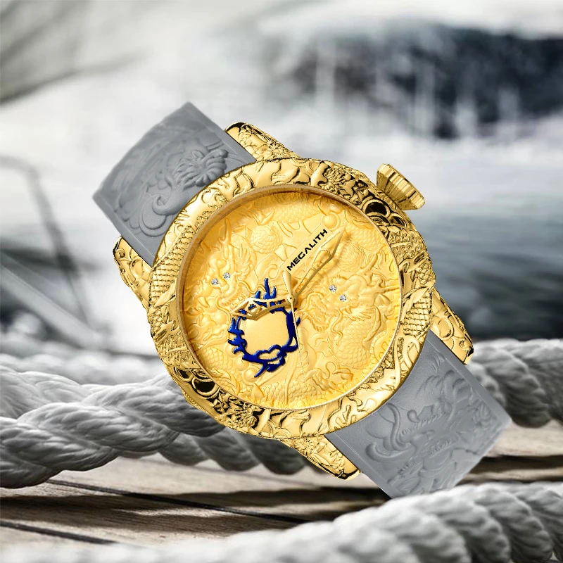 MEGALITH Модные Роскошные мужские часы золотые скульптура дракона кварцевые наручные часы для мужчин s водонепроницаемые спортивные часы с большим циферблатом