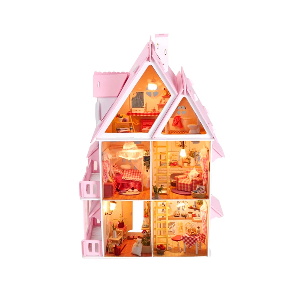 

1pc Creative DIY House Pink Lovely Room Furnishing LED Furniture Kit Assemble Miniature House Birthday Gift for Girls Kids