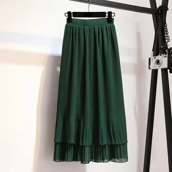 

2019 New Summer Women Casual Chiffon Ruffles Pleated Skirt Empire Fashion High Waist Solid Vintage Skirt