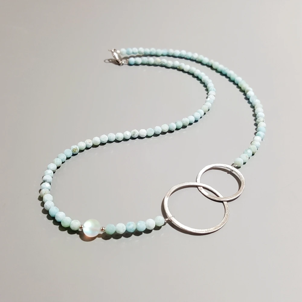 LiiJi Unique Larimar 925 Sterling Silver Geometric Double Circle Necklace 45 cm Delicate Jewelry Nice Gift for Girls