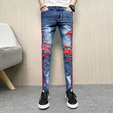 Весна человек джинсы Фирменная Новинка Slim Fit Повседневное джинсовые штаны-шаровары боковой полосой обтягивающие мужские джинсы джоггеры синий обтягивающие мужские джинсы