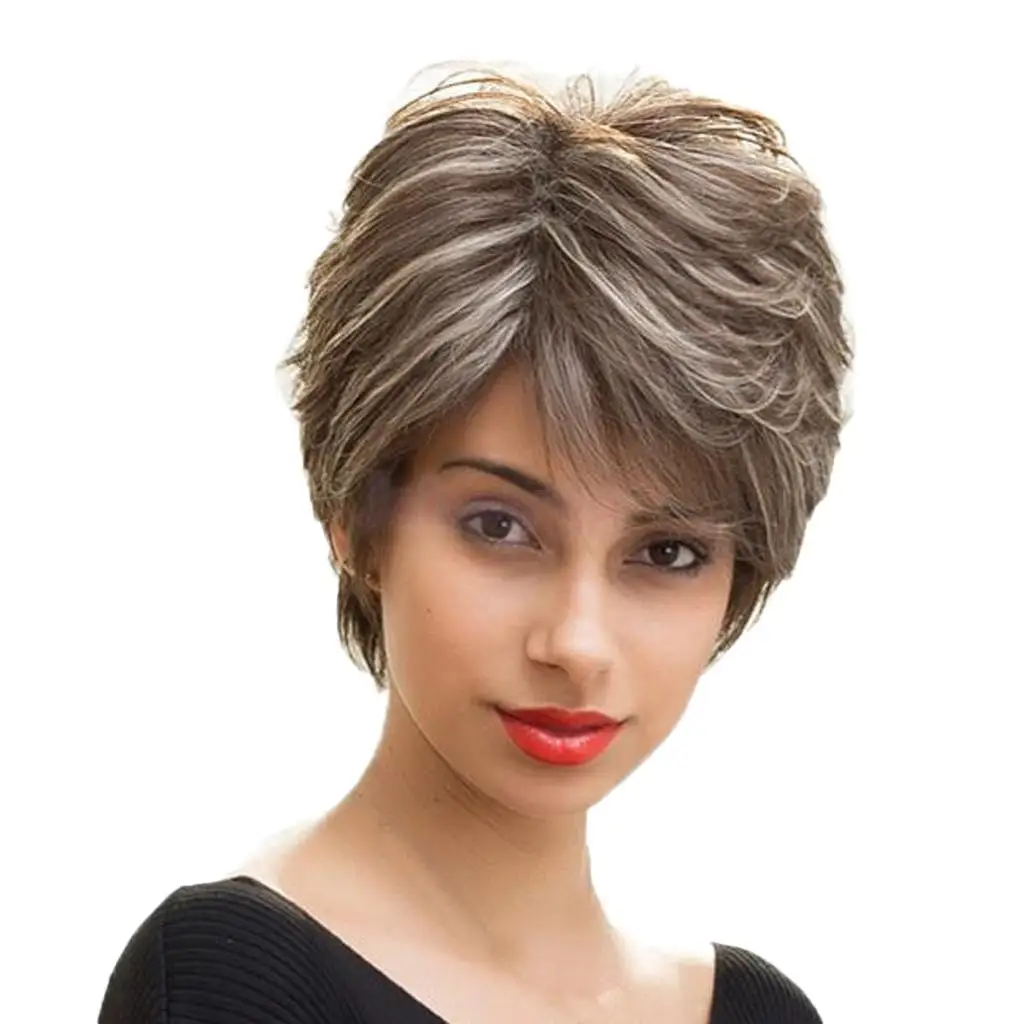 

Fashion Human Hair Fluffy Slightly Curly Wavy Women Wigs Short Straight Hair Wig with Grey Highlights