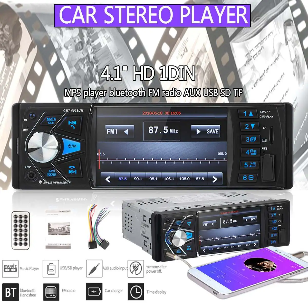 

New Car Radio Auto Audio Stereo 4.1 inch 1 Din FM bluetooth 12v Support Rear View Camera USB FM MP4 MP5 USB TF autoradio 4038
