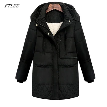 

FTLZZ Winter Women Hooded Coat Thicken Warm Jacket Wool Long Parkas Female Plus Size 3xl Outerwear Ladies Chaqueta Feminino
