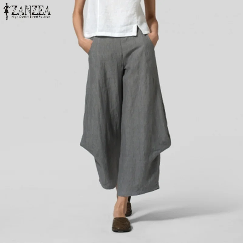 

ZANZEA 2019 Vintage Casual Pants Women Elastic Waist Wide Leg Trousers Female Ruffle Pantalon Palazzo Femme Solid Turnip Pants