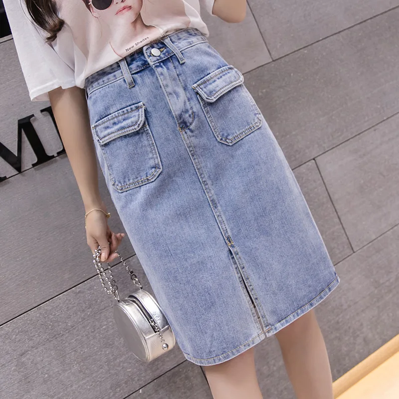 Summer Woman casual Time Jeans Skirt Long High Waist Pocket Solid Colour Skirts | Женская одежда