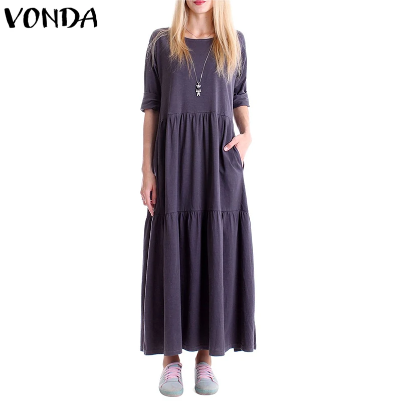 

VONDA Women Vintage Maxi Long Dresses 2019 Autumn Spring Casual Loose O Neck Long Sleeve High Waist Pockets A-line Solid Vestido