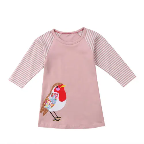 Kids Baby Girls Spring And Autumn Long Sleeve Cotton Clothes Bird Print Party Dress Fashion Pink Striped | Детская одежда и обувь