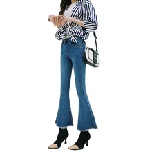 Винтаж стрейч большого размера расклешенные джинсы женские, с высокой талией джинсы Широкие брюки клеш Джинсы женские дял похудания пышные загрузки вырезать из джинсовой ткани