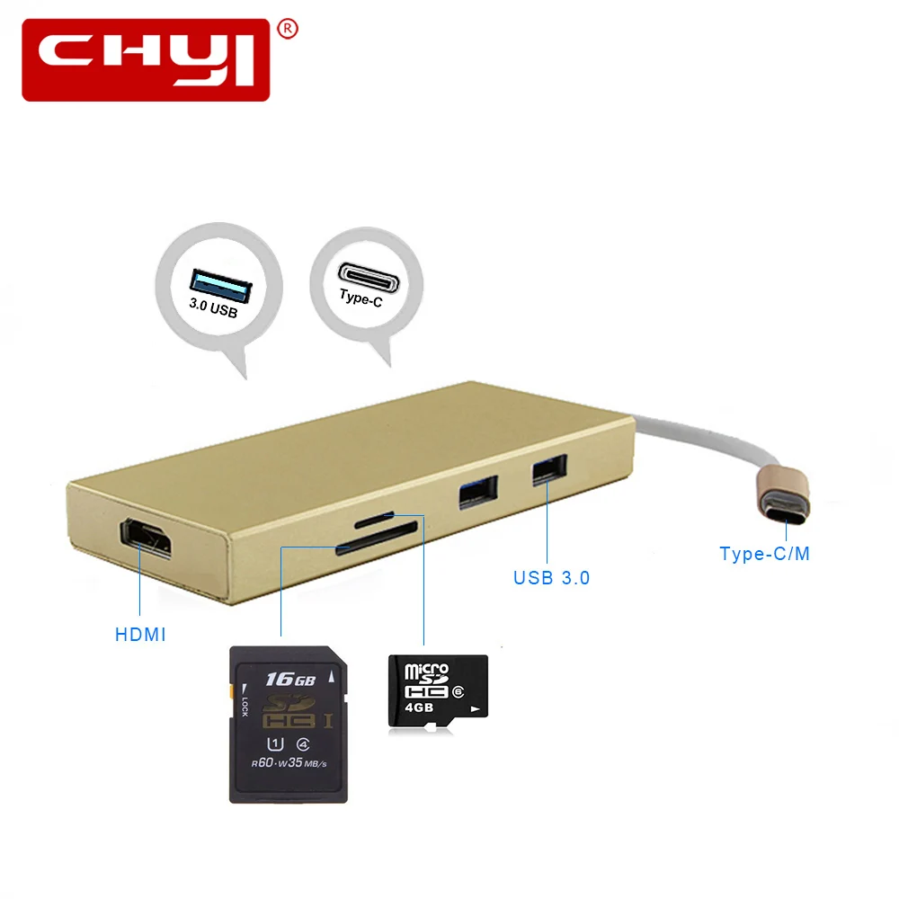 

CHYI USB3.0 Ports Hub With TF/SD Card Reader USB C To USB/HDMI Adapter With Type C Power Delivery Charging Port For Macbook Pro