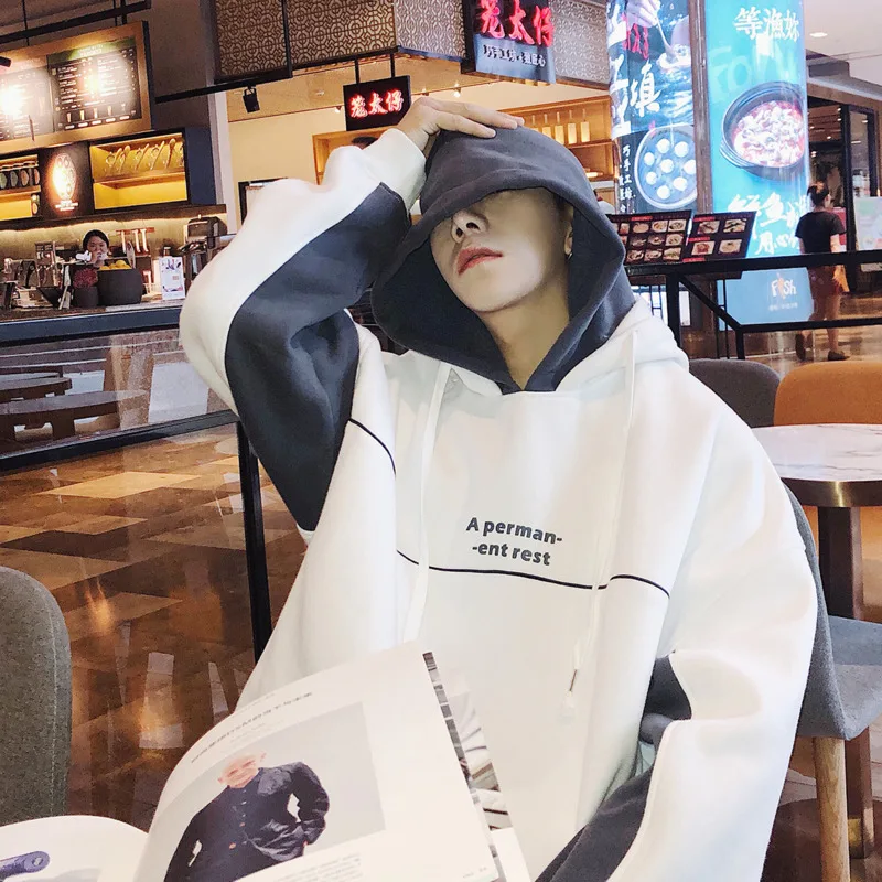 

2019 Spring New Men's Hooded Sweatshirt Plus Velvet Color Matching Loose Hip Hop Casual Jacket Youth Personality Pullover Simple