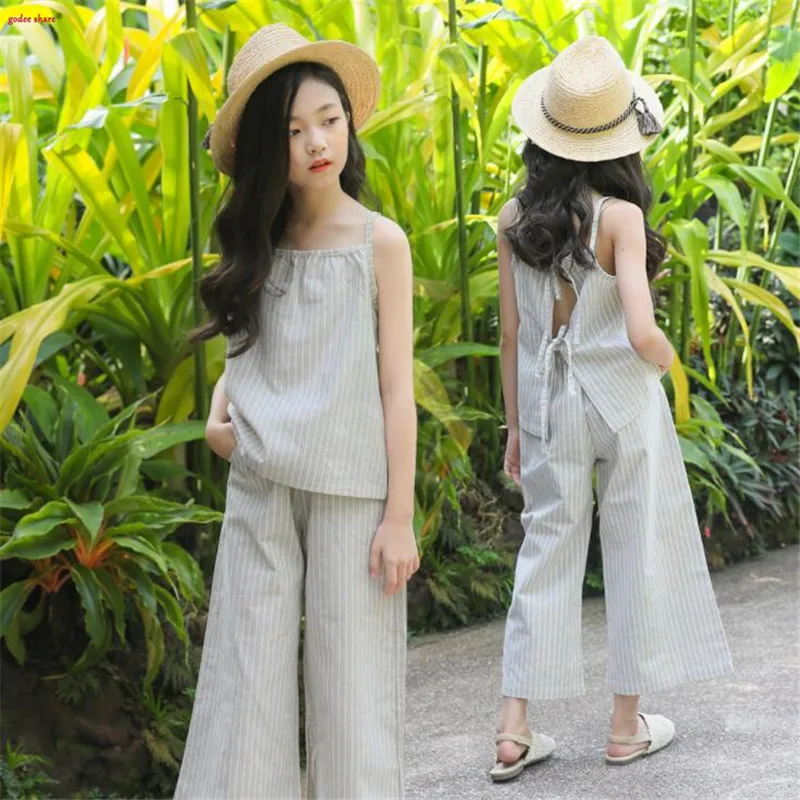 

Kids Clothing Sets Girl Outfit Two Piece Sling Top & Wide Leg Pants Casual Striped Child Girls Clothes 5 6 7 8 9 10 11 12 Years