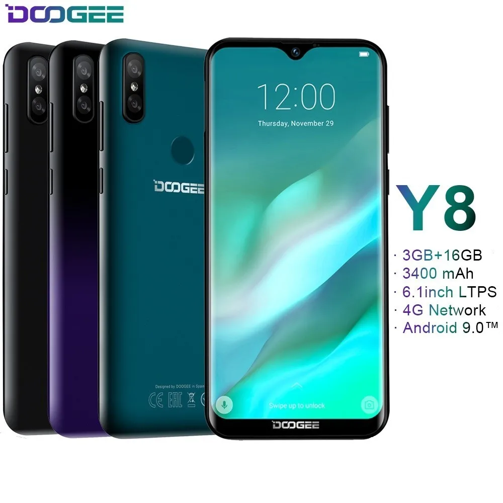 DOOGEE Y8 Android 9,0 FDD LTE 6,1 дюймов 19:9 в виде капли воды, экран LTPS смартфон MTK6739, 3 Гб оперативной памяти, Оперативная память 16 Гб Встроенная память 3400