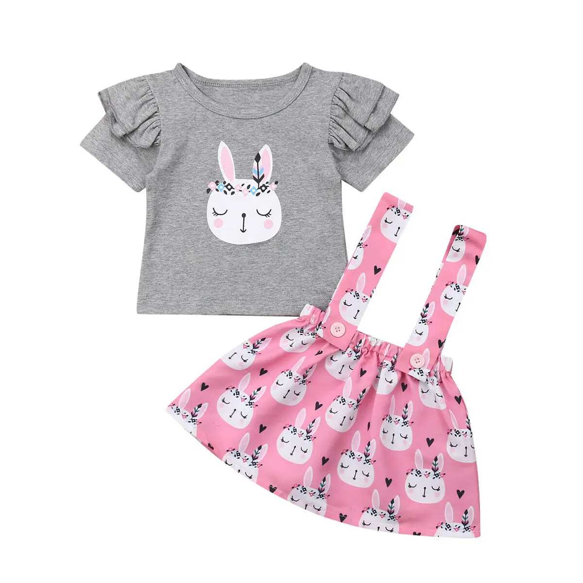 

Lovely Infant Kids Baby Girl Summer Clothes Ruffles Sleeve Flower Rabbit T-shirt Tops Suspender Skirt Headband 3PCS Clothing Set