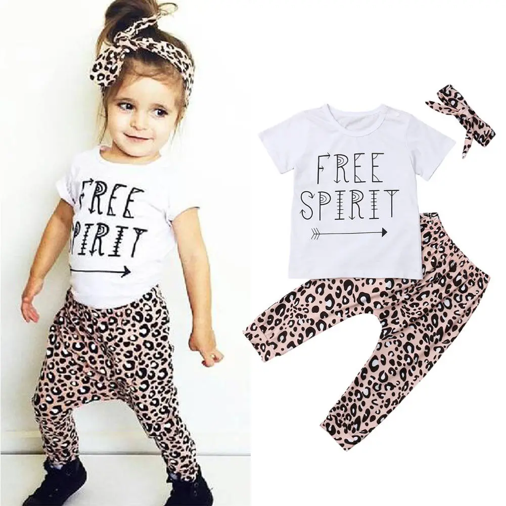 

3Pcs Newest Toddler Kids Baby Girl Summer Outfits Free Spirit Short Sleeve Top T shirt Leopard Pants Clothes + Headband Set 1-6T