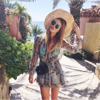 

High Quality 2019 Sexy Women Runway Print Elastic Waist Rompers Summer Flare Long Sleeve Loose Boho Beach Jumpsuits