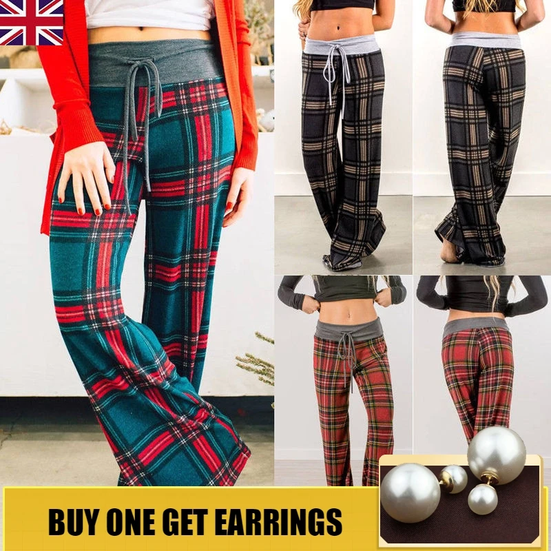 

HOUZHOU Casual Full Length Women Drawstring Vintage Plaid Pants Loose Striped Mid Plus Size Print Jogger Mujer Fitness Elastic